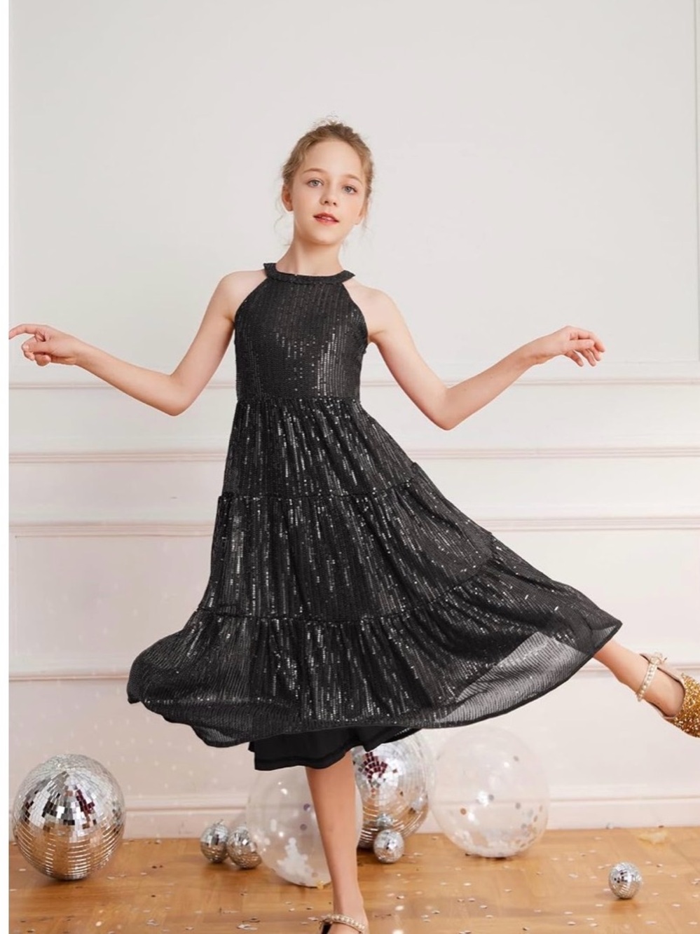 Grace Karin Black Girls' Sequin Halter Tiered Formal Dress